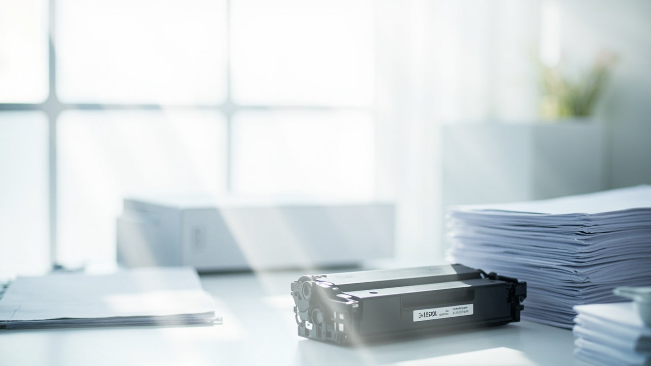 Stack of paper sheets and printer supplies on a desk in an office