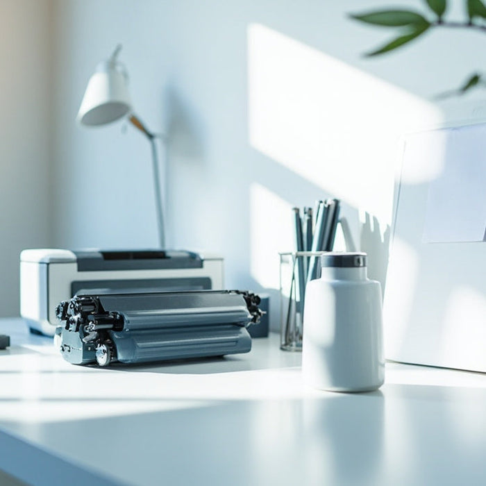 organized modern desk with office supplies, printer, and tech gadgets in natural light