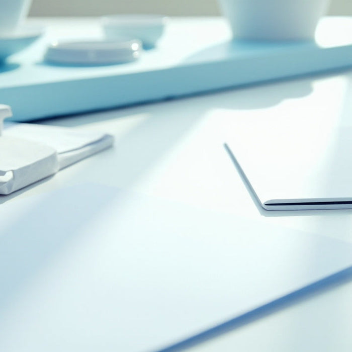 bright office desk with organized supplies, soft light, clean and professional atmosphere