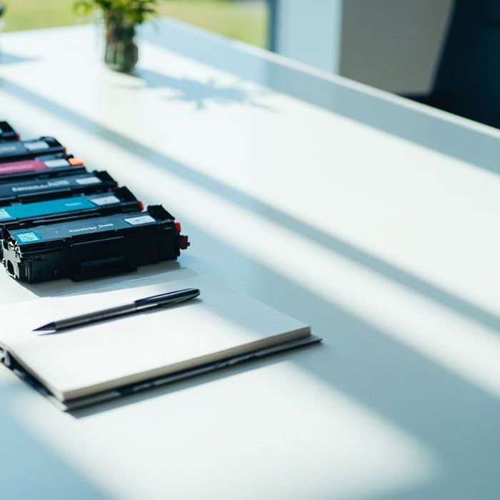 clean office desk with toner cartridges, tech devices, and supplies in soft daylight