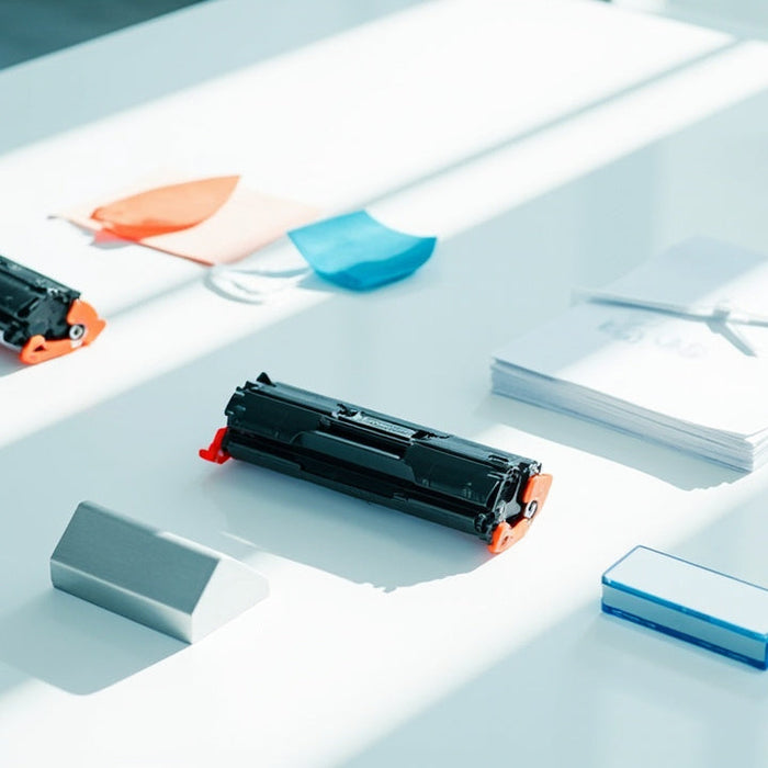 sunlit office desk with toner cartridges, tech devices, and crisp paper neatly arranged