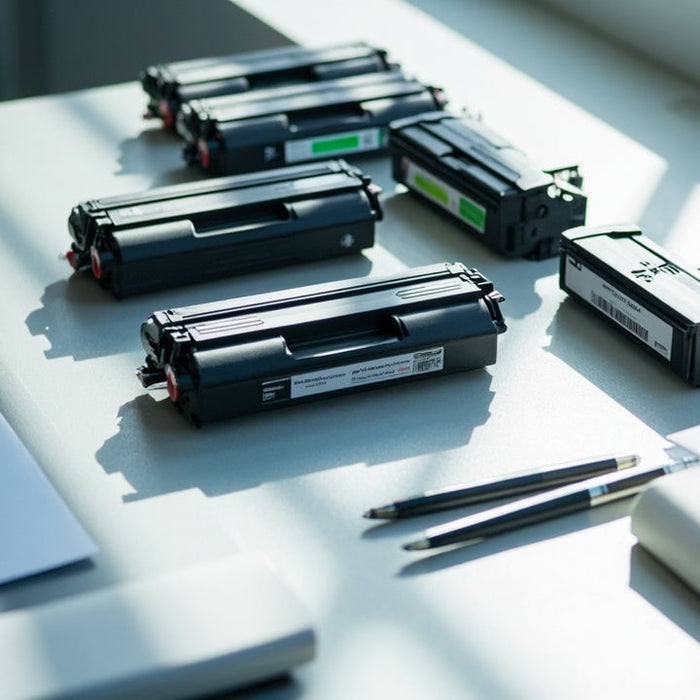 organized office supplies and tech on a bright, clean workspace in natural light