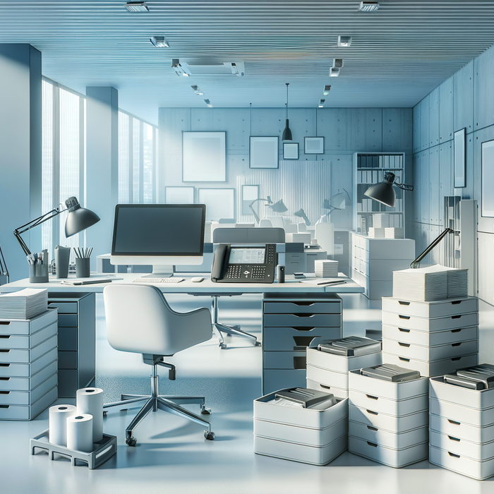 neatly arranged office supplies and tech on a bright, modern desk in soft daylight