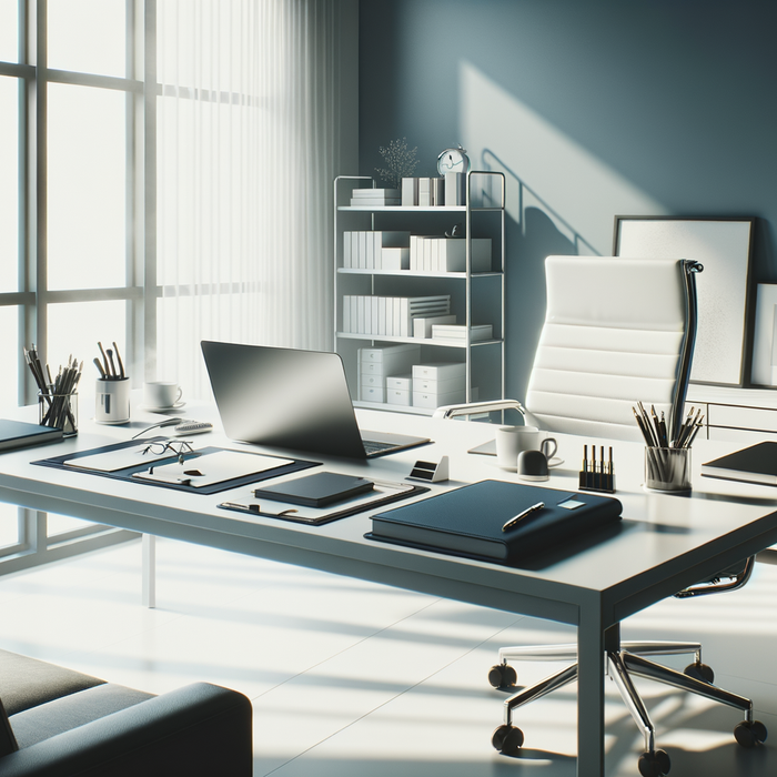 modern office desk with organized supplies and soft natural light, clean and inviting