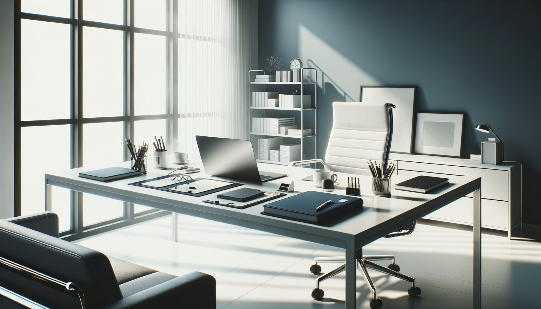 modern office desk with organized supplies and soft natural light, clean and inviting