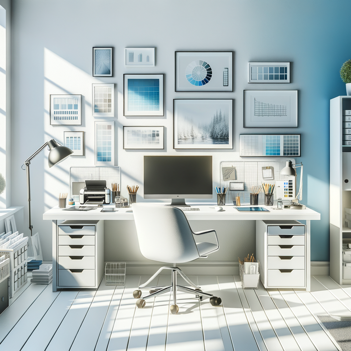 organized office supplies on white desk in bright natural light, modern and clean