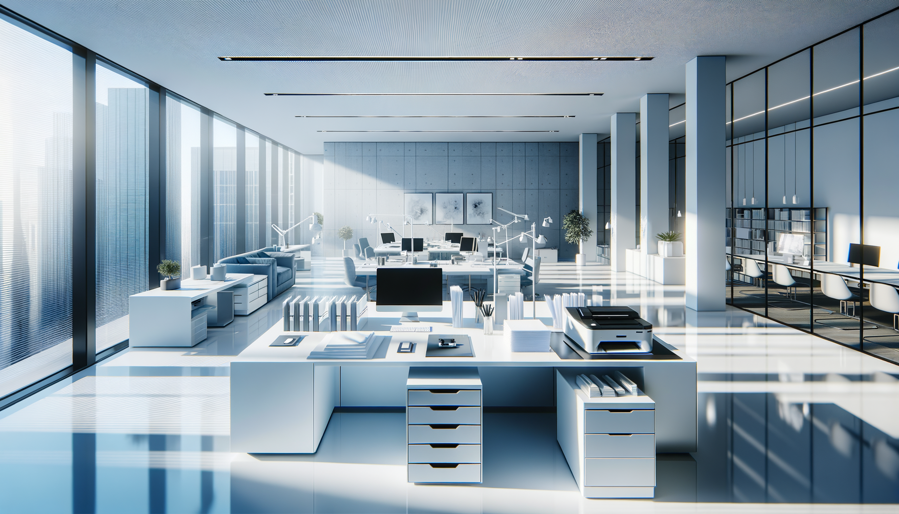 clean office desk with toner cartridges, paper, and tech devices in bright natural light