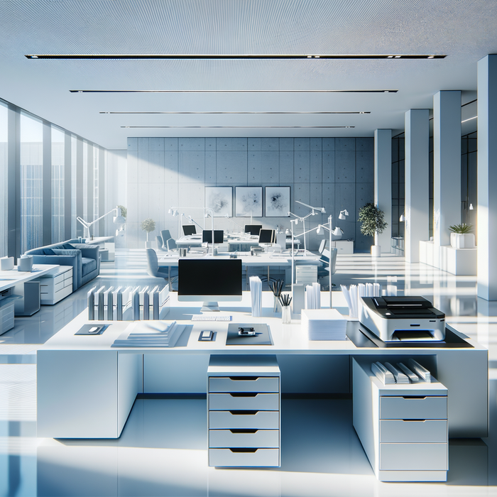clean office desk with toner cartridges, paper, and tech devices in bright natural light