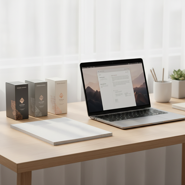 A clean and organized office desk with essential supplies and a laptop.