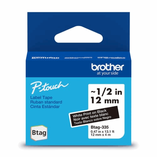 Brother Genuine BTAG335 Non-Laminated Tape for P-touch Label Makers, White on Black ? 12 mm wide x 4 m long – PTouch | Brother