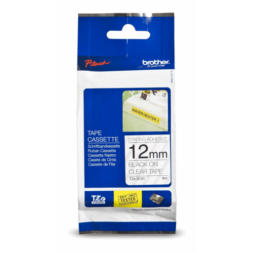 Brother Genuine TZe-S131 Black on Clear Extra Strength Adhesive Tape for P-touch Label Makers, 12 mm wide x 8 m long – PTouch | Brother