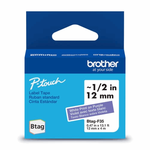 Brother Genuine BTAGF35 Non-Laminated Tape for P-touch Label Makers, White on Purple ? 12 mm wide x 4 m long – PTouch | Brother