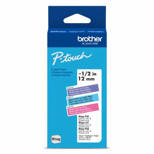 Brother Genuine BTAG3M02 Non-Laminated Tapes for P-touch Label Makers, Colour 3-Pack ? 12 mm wide x 4 m long – PTouch | Brother