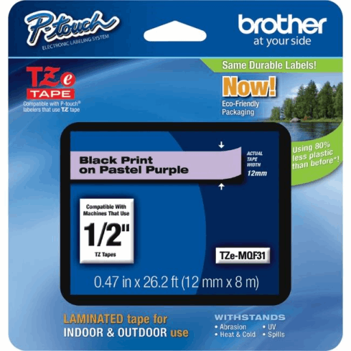 Brother Genuine TZEMQF31 Black Print on Pastel Purple Tape for P-touch Label Makers, 12 mm wide x 4 m long – PTouch | Brother
