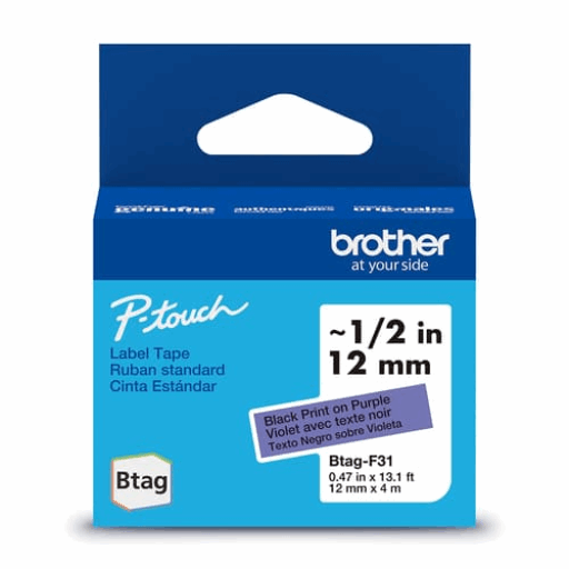 Brother Genuine BTAGF31 Non-Laminated Tape for P-touch Label Makers, Black on Purple ? 12 mm wide x 4 m long – PTouch | Brother