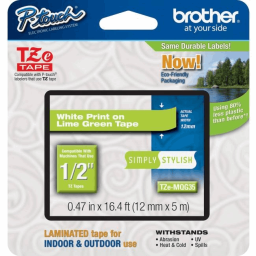 Brother Genuine TZEMQG35 White Print on Lime Green Tape for P-touch Label Makers, 12 mm wide x 4 m long – PTouch | Brother