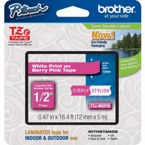 Brother Genuine TZEMQP35 White Print on Berry Pink Tape for P-touch Label Makers, 12 mm wide x 4 m long – PTouch | Brother
