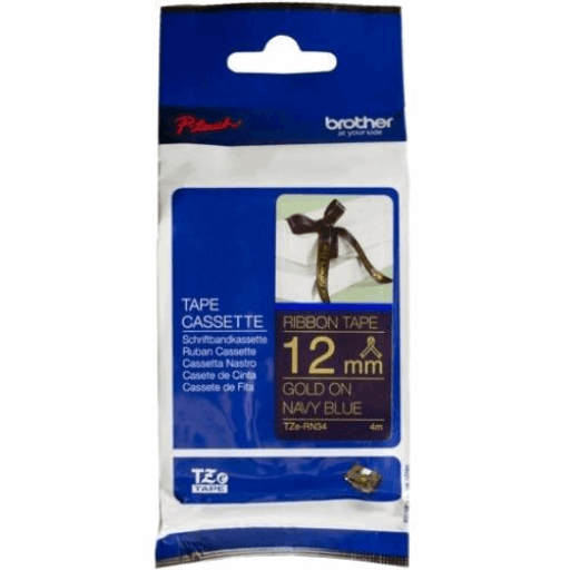 Brother Genuine TZERN34 Decorative Gold on Navy Blue Satin Ribbon for P-touch Label Makers, 12 mm wide x 4 m long – PTouch | Brother