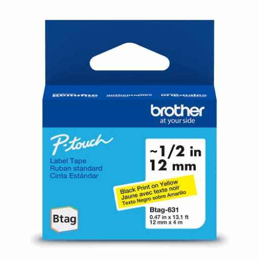 Brother Genuine BTAG631 Non-Laminated Tape for P-touch Label Makers, Black on Yellow ? 12 mm wide x 4 m long – PTouch | Brother