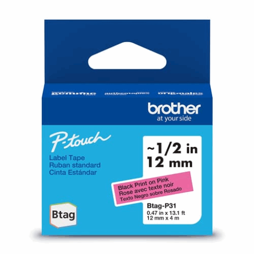 Brother Genuine BTAGP31 Non-Laminated Tape for P-touch Label Makers, Black on Pink ? 12 mm wide x 4 m long – PTouch | Brother