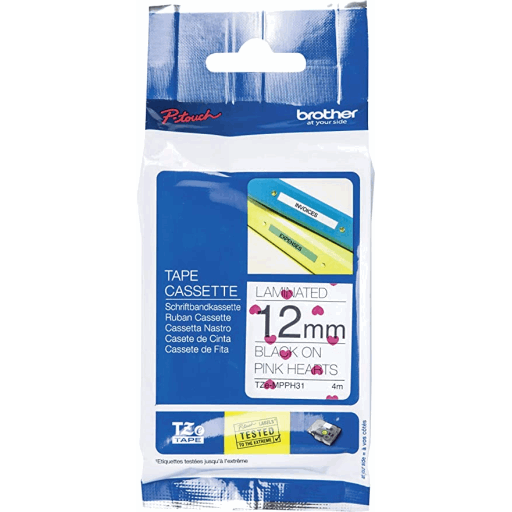 Brother Genuine TZeMPPH31 Black Print on Pink Hearts Tape for P-touch Label Makers, 12 mm wide x 4 m long – PTouch | Brother