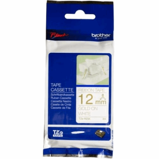 Brother Genuine TZER234 Decorative Gold on White Satin Ribbon for P-touch Label Makers, 12 mm wide x 4 m long – PTouch | Brother