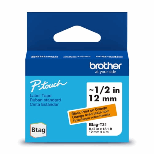 Brother Genuine BTAGT31 Non-Laminated Tape for P-touch Label Makers, Black on Orange ? 12 mm wide x 4 m long – PTouch | Brother
