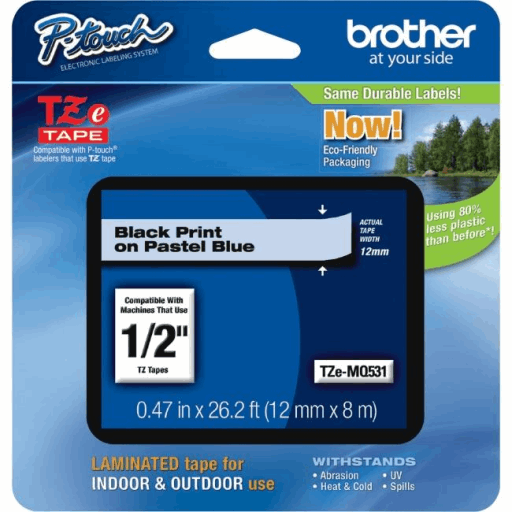 Brother Genuine TZeMQ531 Black Print on Pastel Blue Tape for P-touch Label Makers, 12 mm wide x 4 m long – PTouch | Brother
