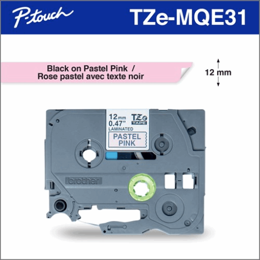 Brother Genuine TZEMQE31 Black Print on Pastel Pink Tape for P-touch Label Makers, 12 mm wide x 4 m long – PTouch | Brother