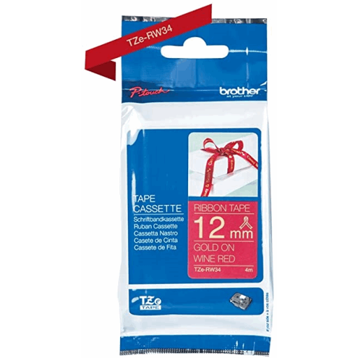 Brother Genuine TZERW34 Decorative Gold on Wine Red Satin Ribbon for P-touch Label Makers, 12 mm wide x 4 m long – PTouch | Brother