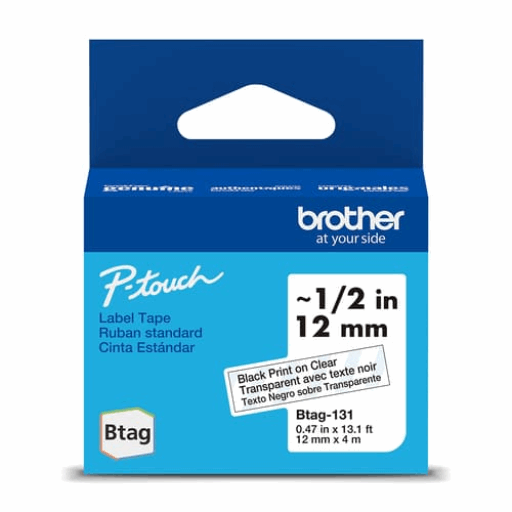 Brother Genuine BTAG131 Non-Laminated Tape for P-touch Label Makers, Black on Clear ? 12 mm wide x 4 m long – PTouch | Brother