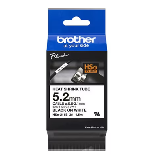Brother HSE211E Black on White Heat Shrink Tube Label 5.2 mm x 1.5 m – PTouch | Brother