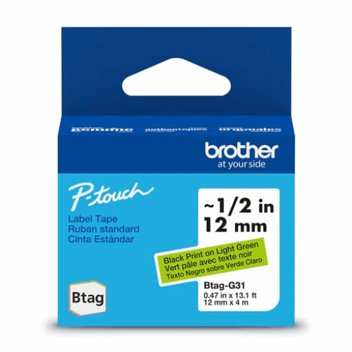 Brother Genuine BTAGG31 Non-Laminated Tape for P-touch Label Makers, Black on Green ? 12 mm wide x 4 m long – PTouch | Brother