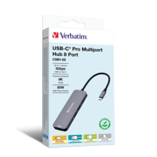 Verbatim CMH-08 USB-C Multiport Hub USB 3.2 GEN 1 PD / USB-A 3.0 x 3 / HDMI x 2 / SD / MicroSD – Hubs | Verbatim