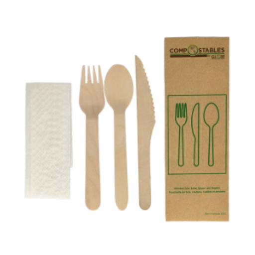Compostable Wooden Cutlery Set- 6.5" Knife, Fork, Spoon and Napkin in Paper Bag (50 sets/pack) – Food Service | Globe Commercial Products