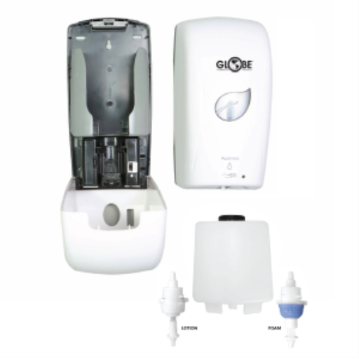 Touch-Free Dual Tip Bulk Lotion or Foam Soap Dispenser - White – Washroom Care | Globe Commercial Products