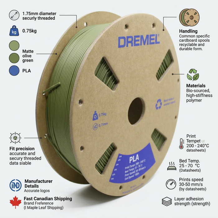 3D PLA Filament Spool, 1.75mm Diameter, Matte Olive Green 0.75kg – 3D Filament | 3PI Tech Solutions, Inc