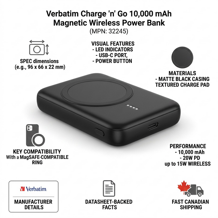 Verbatim Charge 'n' Go 10,000 mAh Magnetic Wireless Power Bank - 20W USB-C PD & 15W Wireless – Power Banks | Verbatim