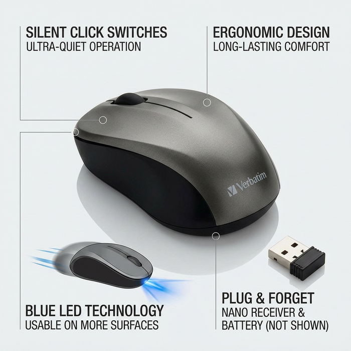 Verbatim Silent Wireless Blue LED Mouse Graphite – Keyboards & Mice | Verbatim