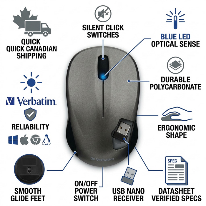 Verbatim Silent Wireless Blue LED Mouse Graphite – Keyboards & Mice | Verbatim