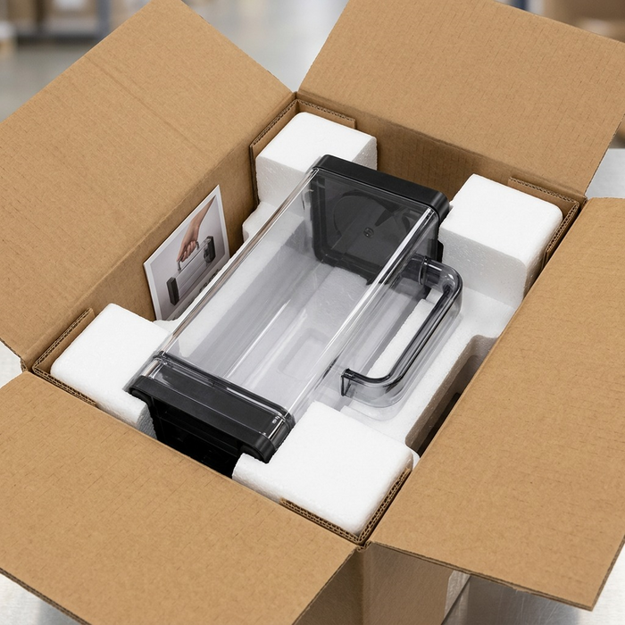 Premium unboxing view showing the K-2500 reservoir protected in dense custom foam, reducing shipping concern.
