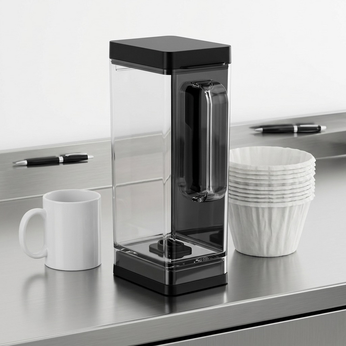 A Keurig K-2500 3.25L clear coffee brewer reservoir with a black lid is shown upright on a stainless steel counter next to a stack of classic paper coffee filters. A standard mug and pen are nearby, clearly demonstrating its considerable size and capacity for a busy environment. Clean product lighting on a white background.