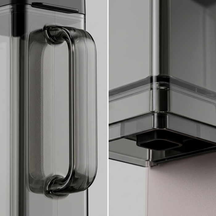 Macro photo detailing the Keurig K-2500 reservoir handle texture, seam precision, and secure quick-connect port.