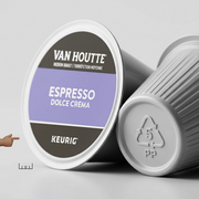 Macro inspection of Van Houtte Espresso K-Cup, showing lid print and #5 PP recycling symbol.
