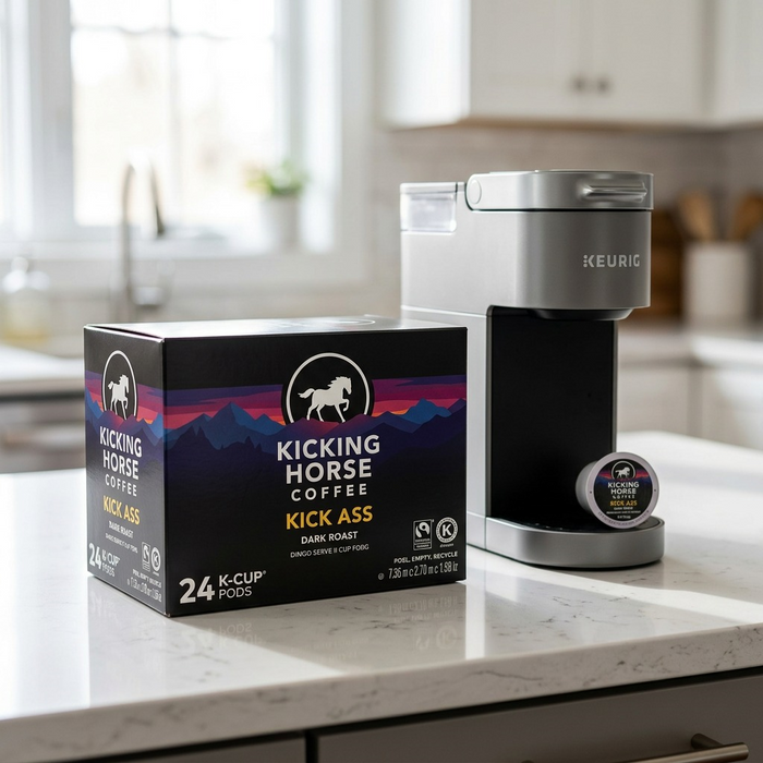 Kicking Horse Kick Ass pods next to a silver Keurig machine on a clean marble countertop.