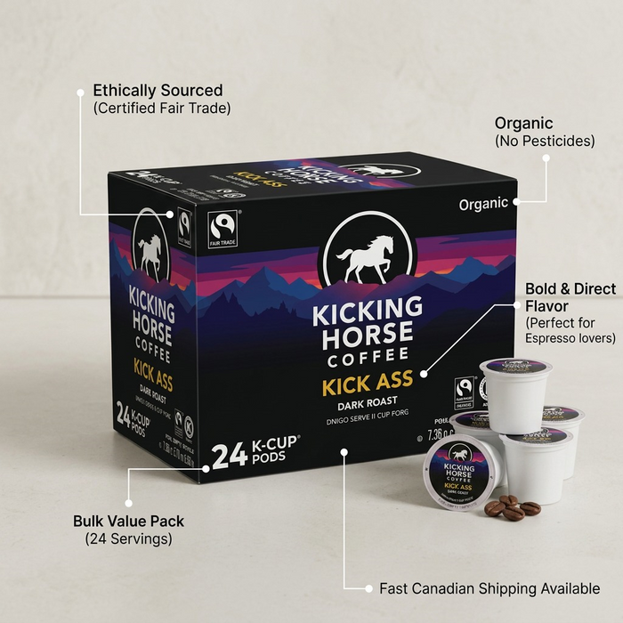 Callout graphic for Kicking Horse 'Kick Ass' 24-count, showcasing organic, Fair Trade, and bold flavor benefits.