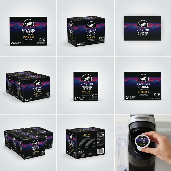 A clean six-panel grid displaying the Kicking Horse Kick Ass Coffee 24-count box from varied angles: front, top, side, perspective, group, and in use, against a soft gray branded gradient background.