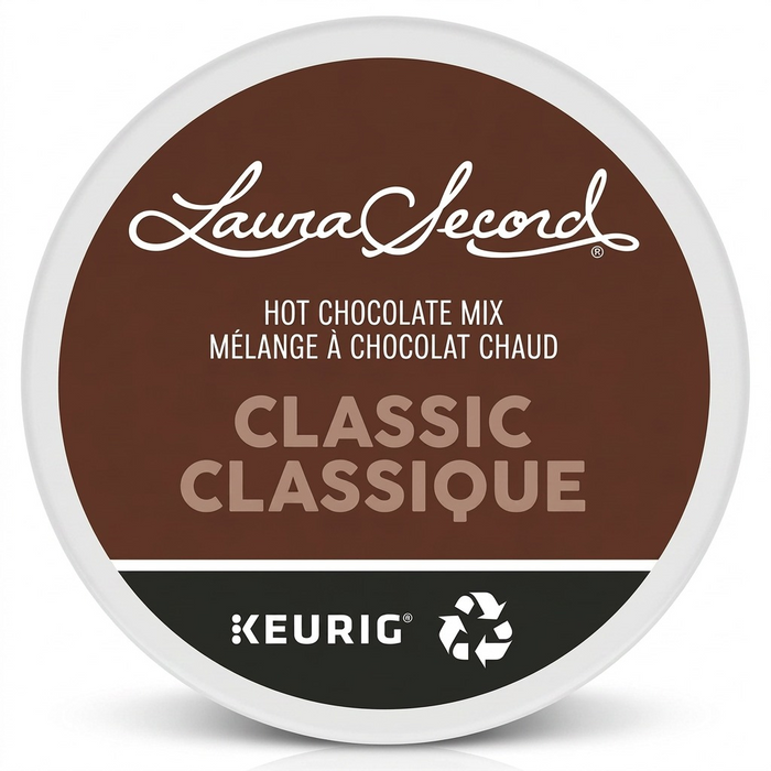 A precise hero shot of the Laura Secord Hot Chocolate K-Cup, showcasing its label and classic flavour.