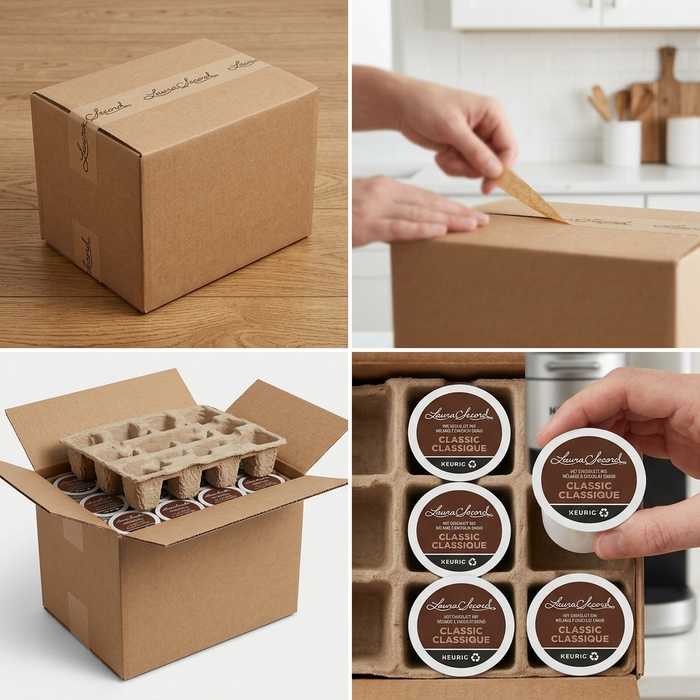 Alt text: A sealed shipping box is opened to reveal protected layers and a stack of Laura Secord hot chocolate K-Cup pods.