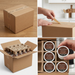 Alt text: A sealed shipping box is opened to reveal protected layers and a stack of Laura Secord hot chocolate K-Cup pods.